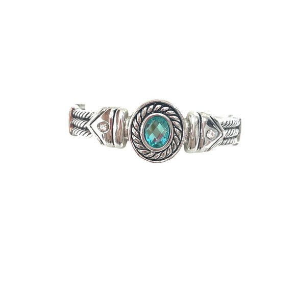 Women’s Silver Tone Bangle Bracelet 6.5 “ Oval Aqua Blue Faceted Plastic Stone - Picture 7 of 17